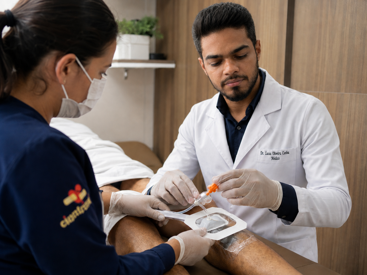 Dr. Lucas Cunha e enfermeira aplicando curativo a vácuo em paciente