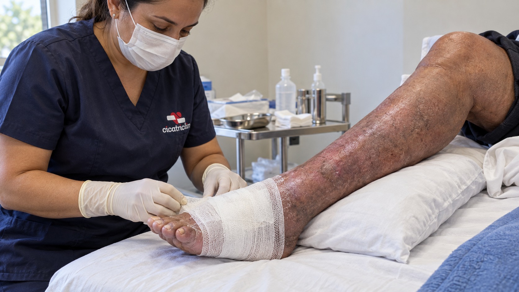 Enfermeira realizando troca de curativo na perna de um paciente